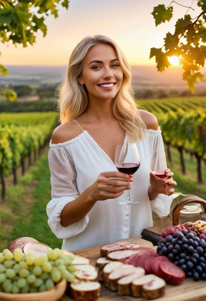 A glamorous blonde woman toasting with a glass of wine in an elegant vineyard setting, surrounded by lush grapevines and a sunset sky. In her other hand, she's holding a colorful wine selection guide, with a joyful expression that embodies celebration. Include a rustic wooden table with charcuterie, sparkling fairy lights, and wine bottles in the background. vibrant colors. super-realistic.