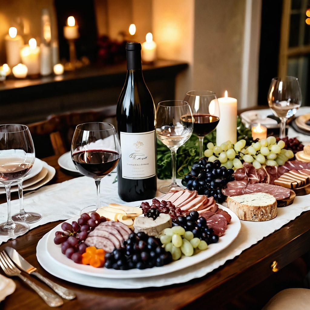 A beautifully arranged table set for an intimate gathering, featuring an elegant wine selection with various bottles, crystal wine glasses, and a charcuterie board. Soft candlelight flickers, casting a warm glow on the scene, with subtle floral decor in the background. The ambiance exudes warmth and joy, inviting friends to connect over fine wine. painting. warm colors. soft focus.